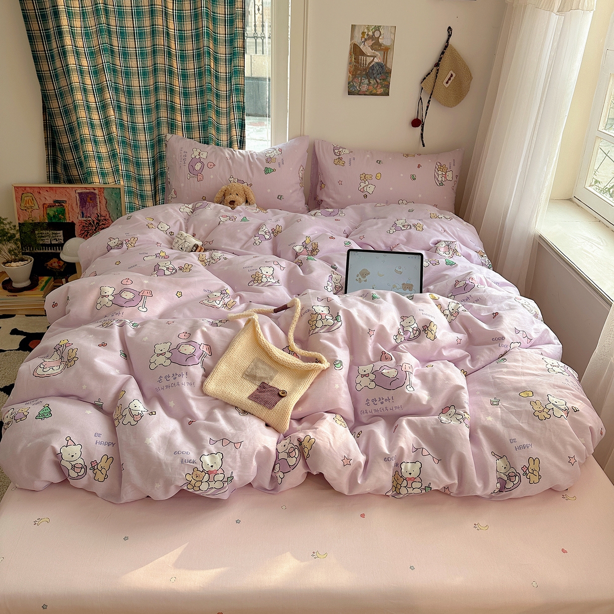 桃子家居 2026新款ins小清新费尔岛猫咪全棉纯棉印花四件套 棉-美好熊兔