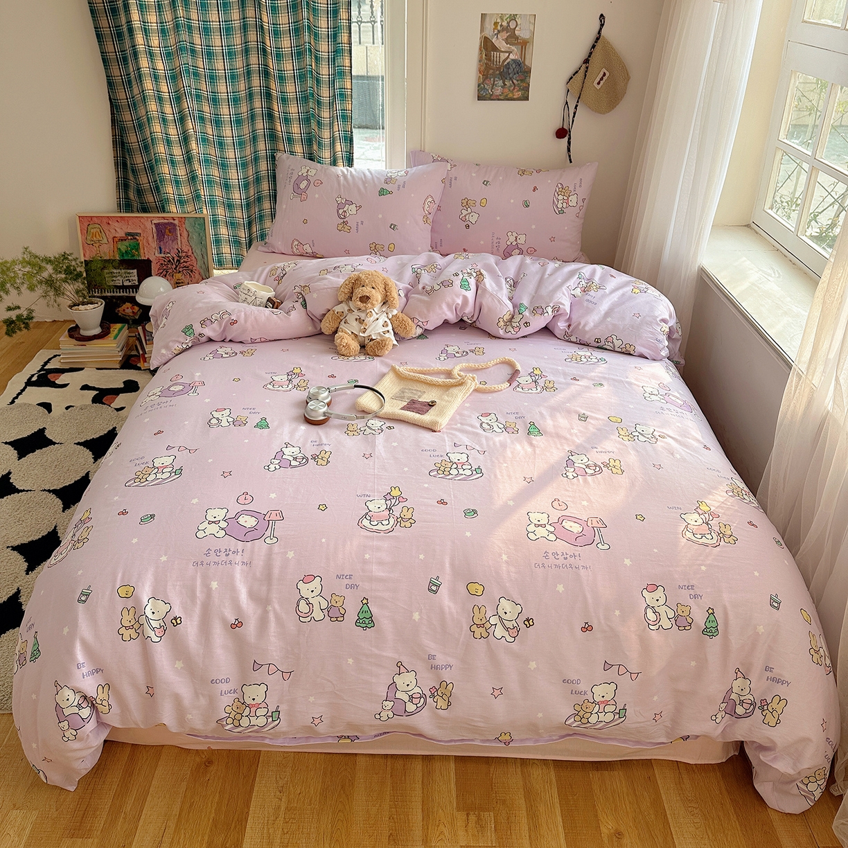 91家纺网 家纺一手货源 找家纺 桃子家居 2026新款ins小清新费尔岛猫咪全棉纯棉印花四件套 棉-美好熊兔