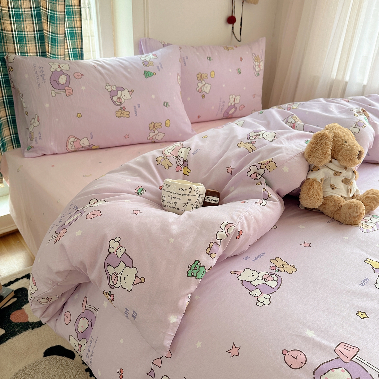 91家纺网 家纺一手货源 找家纺 桃子家居 2026新款ins小清新费尔岛猫咪全棉纯棉印花四件套 棉-美好熊兔