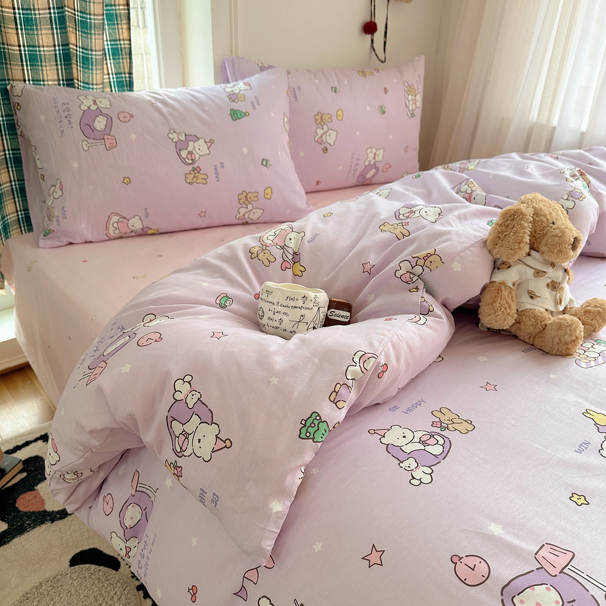 91家纺网 家纺一手货源 找家纺 桃子家居 2026新款ins小清新费尔岛猫咪全棉纯棉印花四件套 棉-美好熊兔