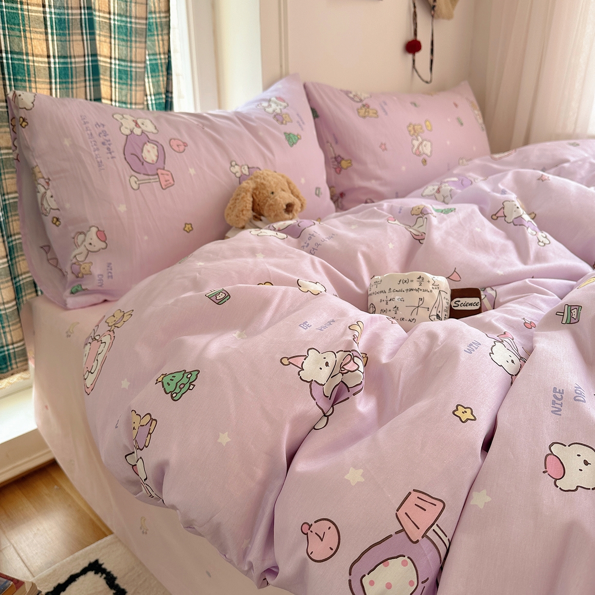 91家纺网 家纺一手货源 找家纺 桃子家居 2026新款ins小清新费尔岛猫咪全棉纯棉印花四件套 棉-美好熊兔