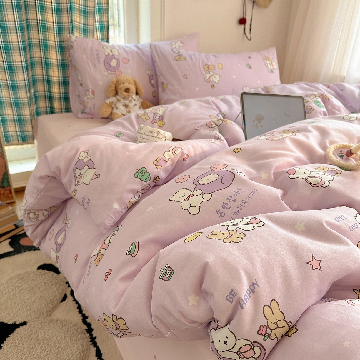 91家纺网 家纺一手货源 找家纺 桃子家居 2026新款ins小清新费尔岛猫咪全棉纯棉印花四件套 棉-美好熊兔