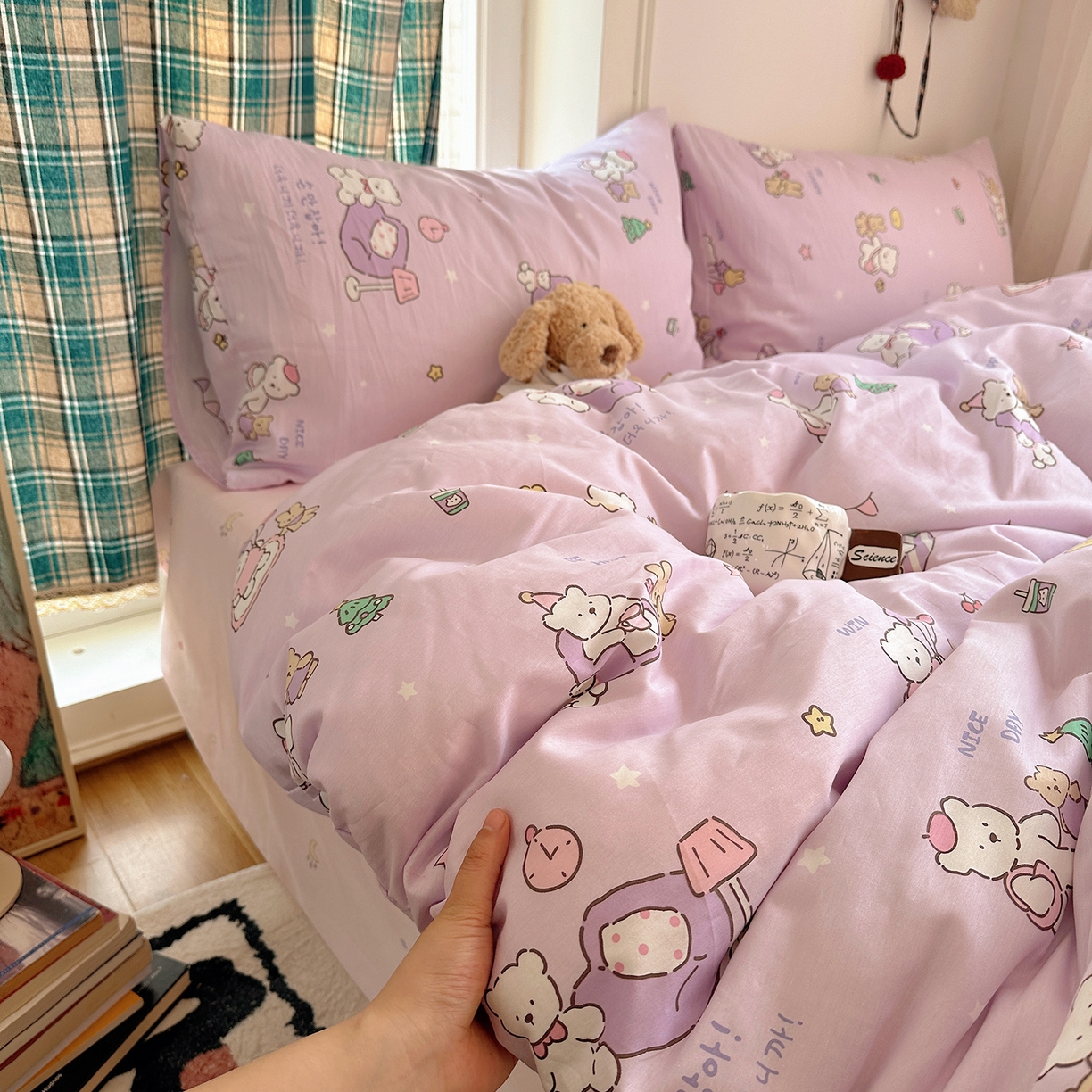 91家纺网 家纺一手货源 找家纺 桃子家居 2026新款ins小清新费尔岛猫咪全棉纯棉印花四件套 棉-美好熊兔