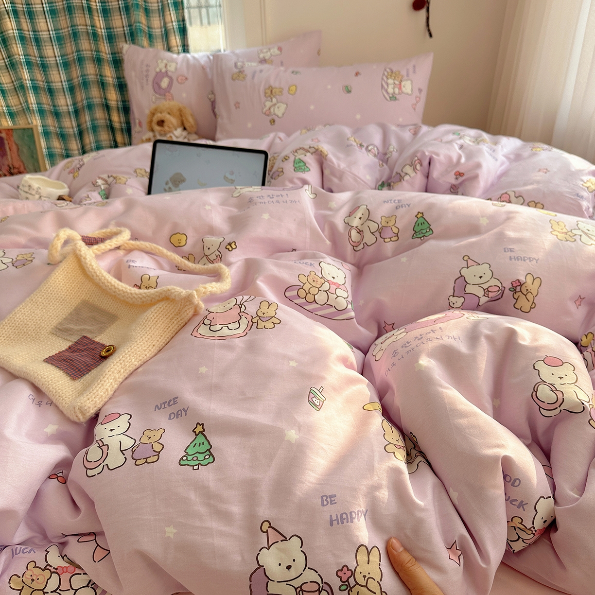 91家纺网 家纺一手货源 找家纺 桃子家居 2026新款ins小清新费尔岛猫咪全棉纯棉印花四件套 棉-美好熊兔