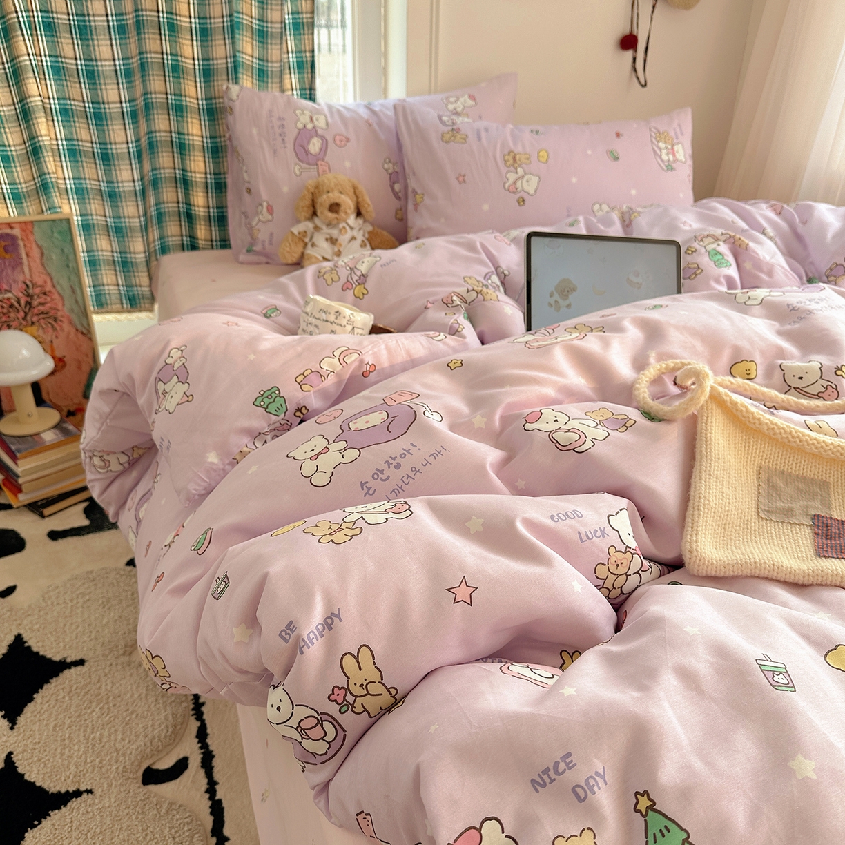 91家纺网 家纺一手货源 找家纺 桃子家居 2026新款ins小清新费尔岛猫咪全棉纯棉印花四件套 棉-美好熊兔