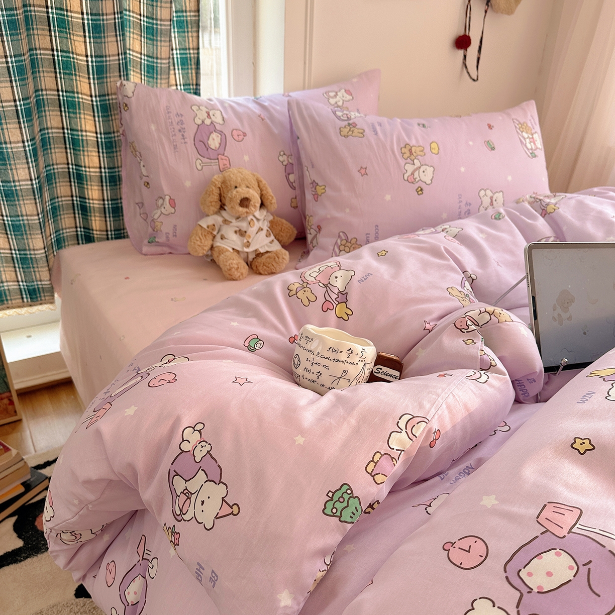 91家纺网 家纺一手货源 找家纺 桃子家居 2026新款ins小清新费尔岛猫咪全棉纯棉印花四件套 棉-美好熊兔