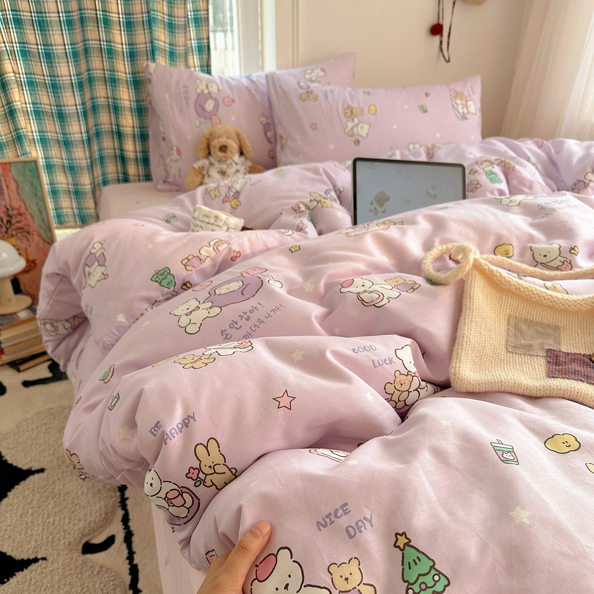 91家纺网 家纺一手货源 找家纺 桃子家居 2026新款ins小清新费尔岛猫咪全棉纯棉印花四件套 棉-美好熊兔