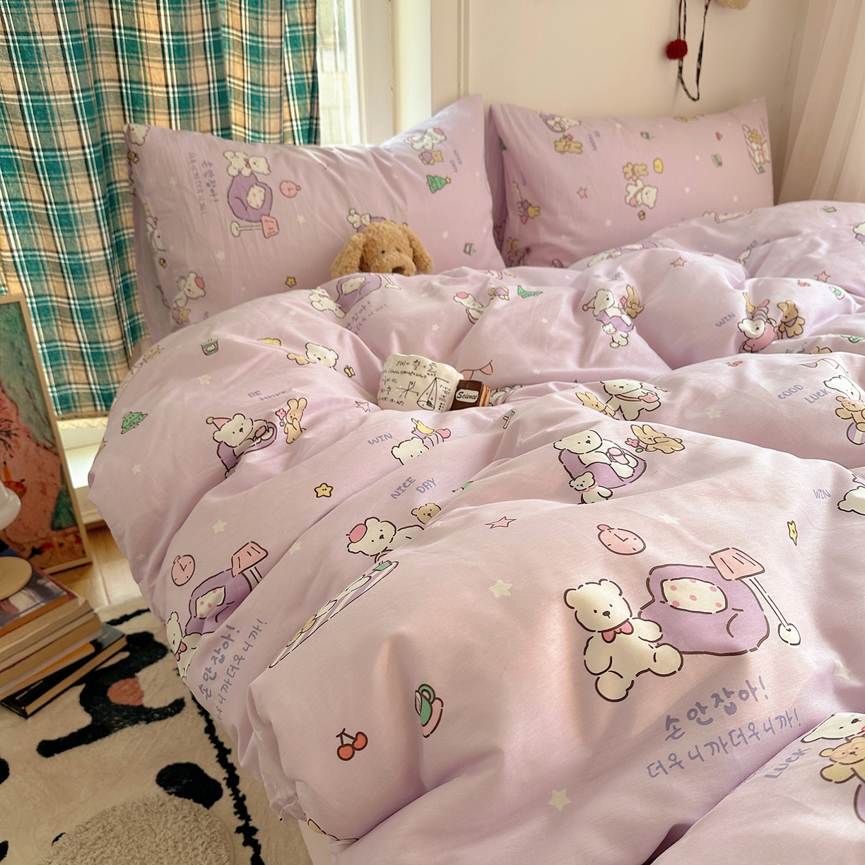 91家纺网 家纺一手货源 找家纺 桃子家居 2026新款ins小清新费尔岛猫咪全棉纯棉印花四件套 棉-美好熊兔