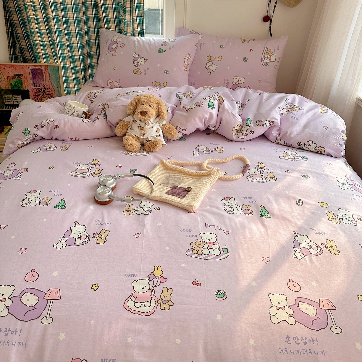 91家纺网 家纺一手货源 找家纺 桃子家居 2026新款ins小清新费尔岛猫咪全棉纯棉印花四件套 棉-美好熊兔