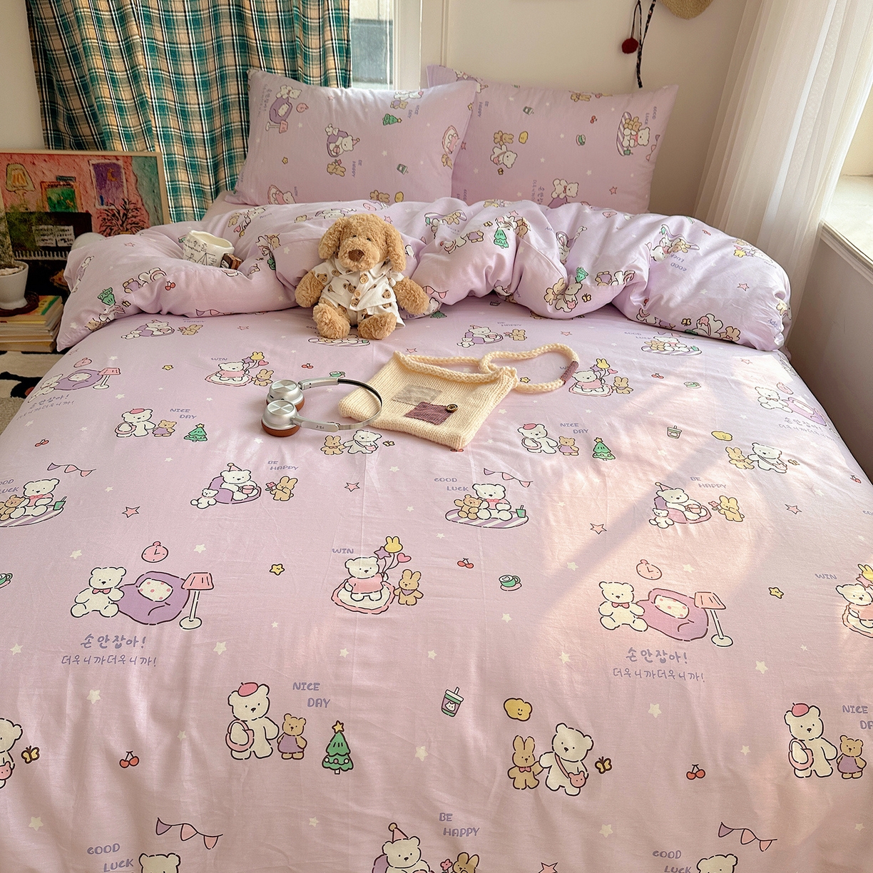 91家纺网 家纺一手货源 找家纺 桃子家居 2026新款ins小清新费尔岛猫咪全棉纯棉印花四件套 棉-美好熊兔