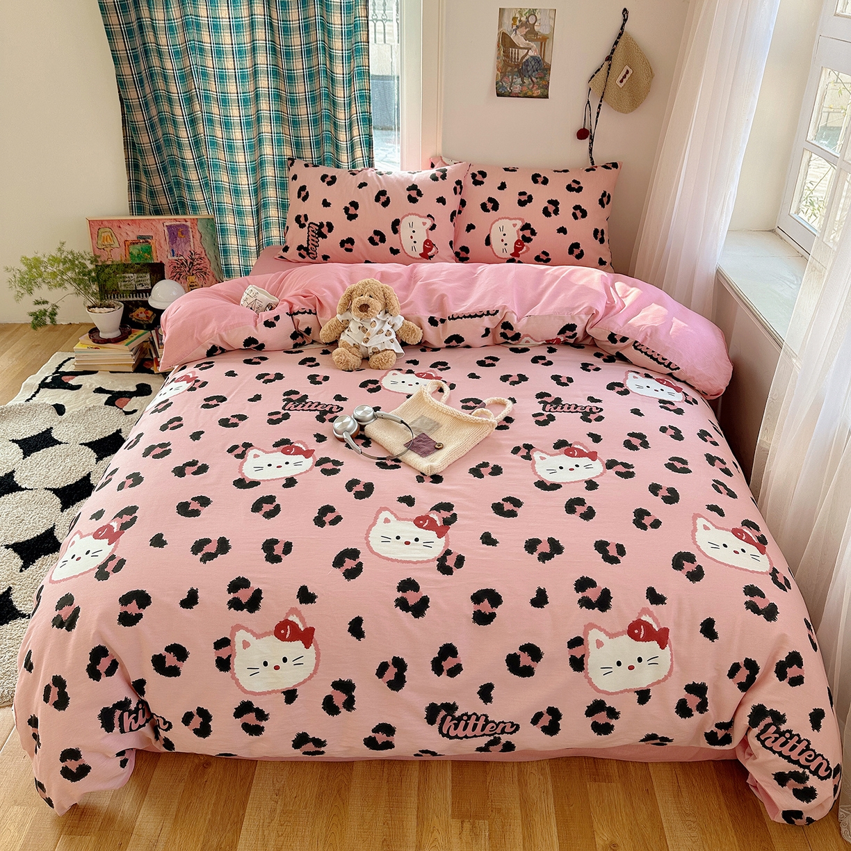 91家纺网 家纺一手货源 找家纺 桃子家居 2026新款ins小清新费尔岛猫咪全棉纯棉印花四件套 棉-喵吃鱼粉