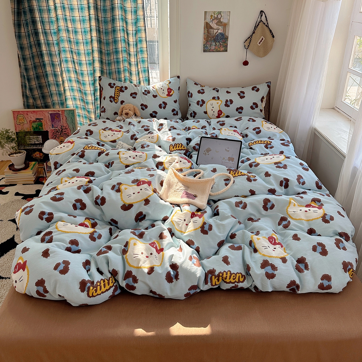 桃子家居 2026新款ins小清新费尔岛猫咪全棉纯棉印花四件套 棉-喵吃鱼蓝