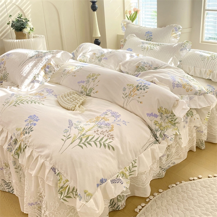 91家纺网 家纺一手货源 找家纺 乐逸家纺 2025新款100%纯棉全棉印花法式风情蕾丝花边床裙床盖款四件套 枫丹白露