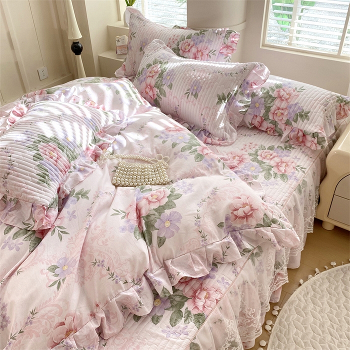 91家纺网 家纺一手货源 找家纺 乐逸家纺 2025新款100%纯棉全棉印花法式风情蕾丝花边床裙床盖款四件套 宫廷庄园-粉