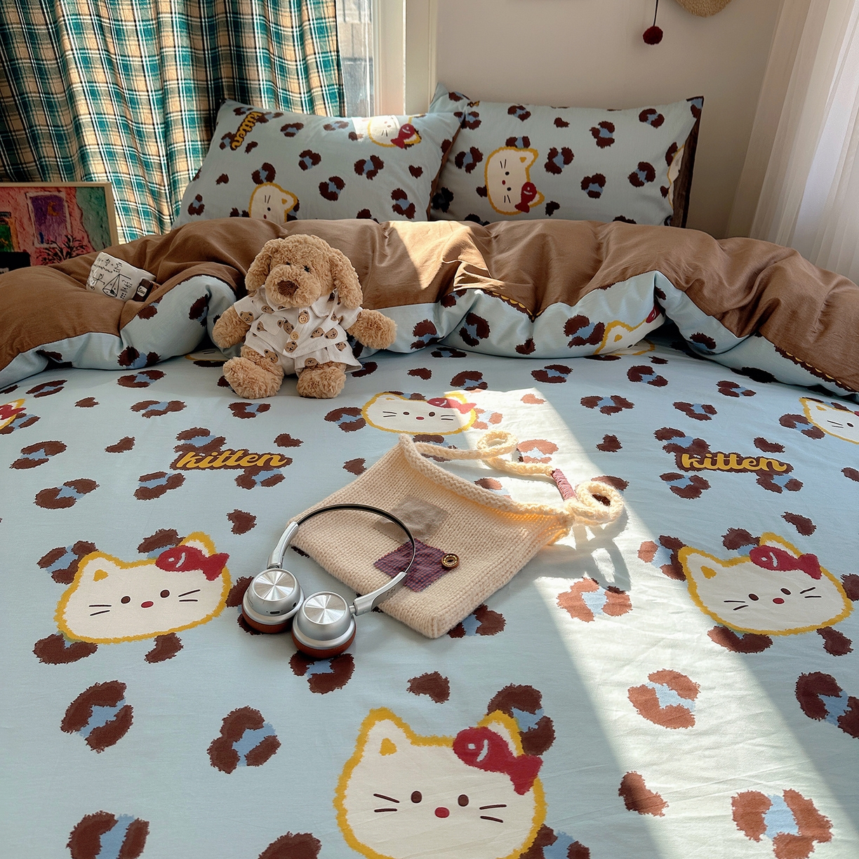 91家纺网 家纺一手货源 找家纺 桃子家居 2026新款ins小清新费尔岛猫咪全棉纯棉印花四件套 棉-喵吃鱼蓝