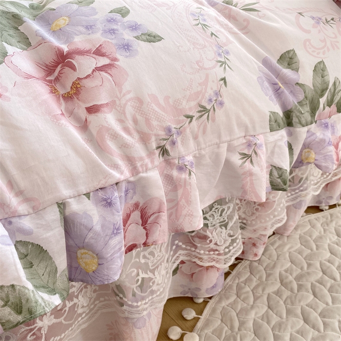 91家纺网 家纺一手货源 找家纺 乐逸家纺 2025新款100%纯棉全棉印花法式风情蕾丝花边床裙床盖款四件套 宫廷庄园-粉