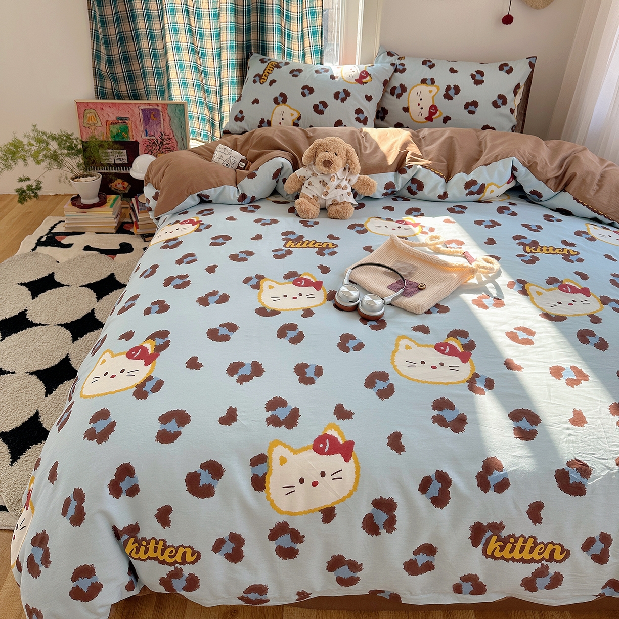 91家纺网 家纺一手货源 找家纺 桃子家居 2026新款ins小清新费尔岛猫咪全棉纯棉印花四件套 棉-喵吃鱼蓝