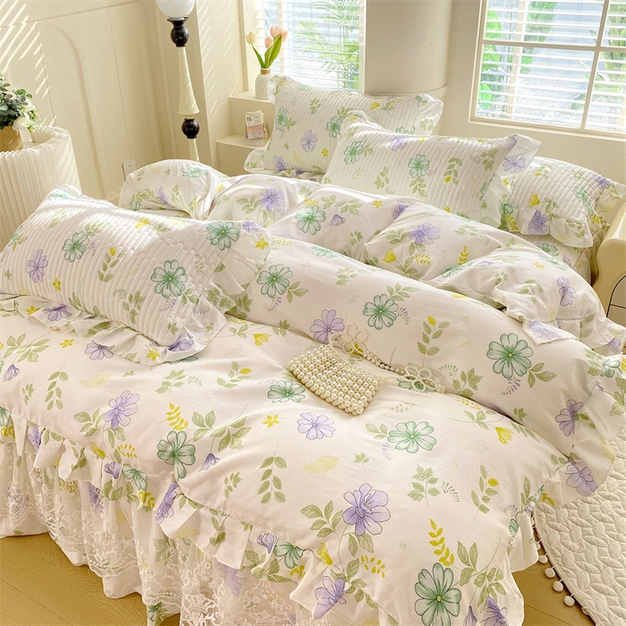 91家纺网 家纺一手货源 找家纺 乐逸家纺 2025新款100%纯棉全棉印花法式风情蕾丝花边床裙床盖款四件套 柔风铃兰花瓣