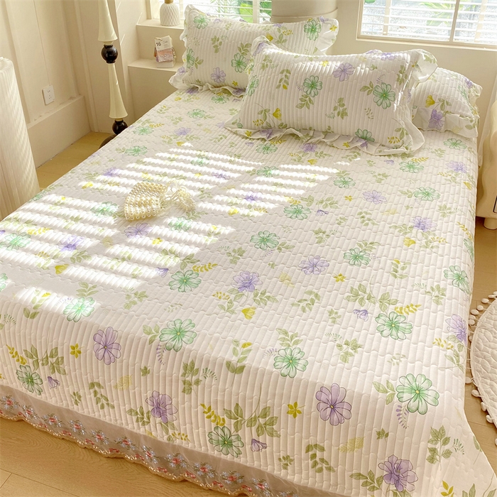 91家纺网 家纺一手货源 找家纺 乐逸家纺 2025新款100%纯棉全棉印花法式风情蕾丝花边床裙床盖款四件套 柔风铃兰花瓣