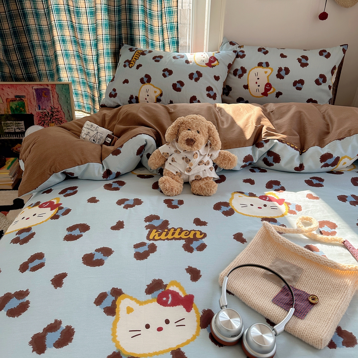 91家纺网 家纺一手货源 找家纺 桃子家居 2026新款ins小清新费尔岛猫咪全棉纯棉印花四件套 棉-喵吃鱼蓝