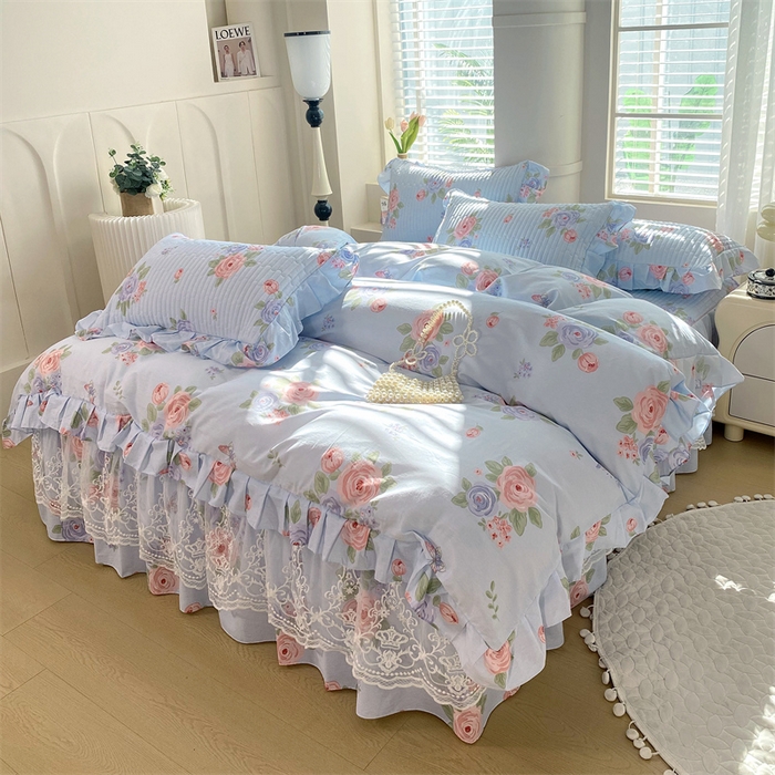 91家纺网 家纺一手货源 找家纺 乐逸家纺 2025新款100%纯棉全棉印花法式风情蕾丝花边床裙床盖款四件套 梦之蝶