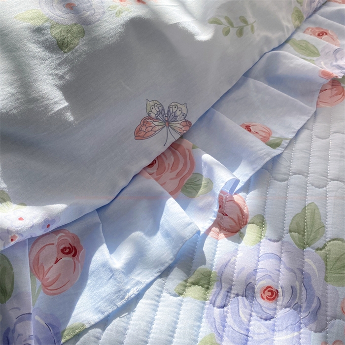 91家纺网 家纺一手货源 找家纺 乐逸家纺 2025新款100%纯棉全棉印花法式风情蕾丝花边床裙床盖款四件套 梦之蝶