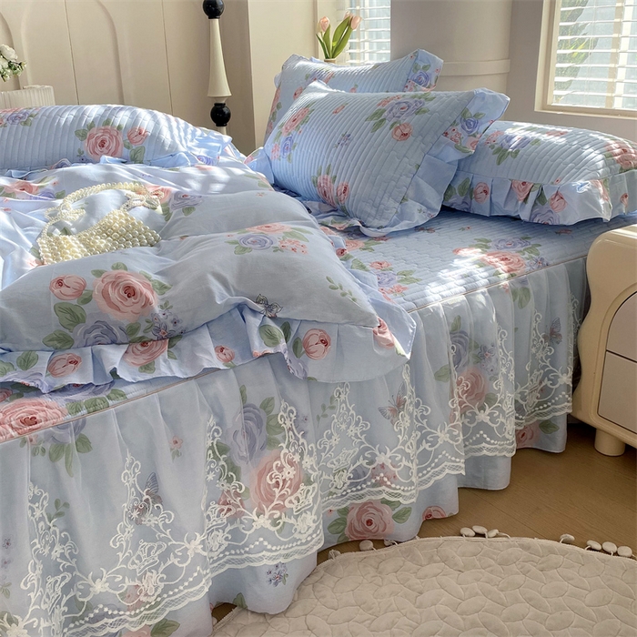 91家纺网 家纺一手货源 找家纺 乐逸家纺 2025新款100%纯棉全棉印花法式风情蕾丝花边床裙床盖款四件套 梦之蝶