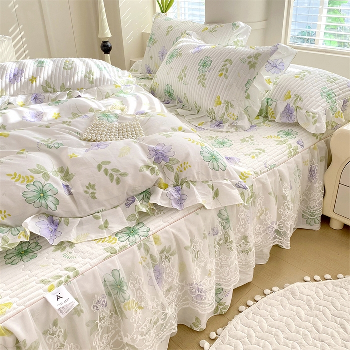 91家纺网 家纺一手货源 找家纺 （总）乐逸家纺 2025新款100%纯棉全棉印花法式风情蕾丝花边床裙床盖款四件套