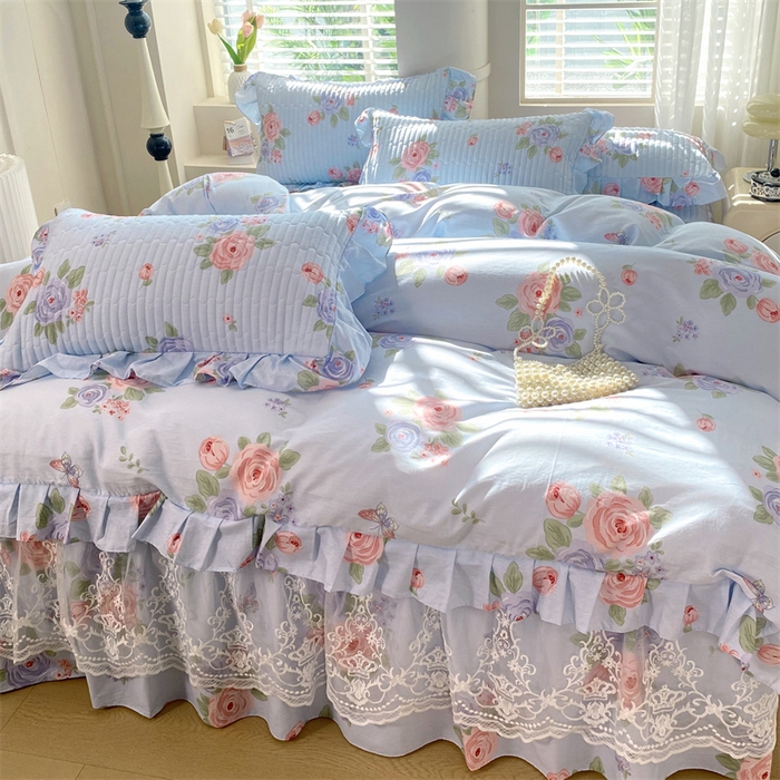 91家纺网 家纺一手货源 找家纺 乐逸家纺 2025新款100%纯棉全棉印花法式风情蕾丝花边床裙床盖款四件套 梦之蝶