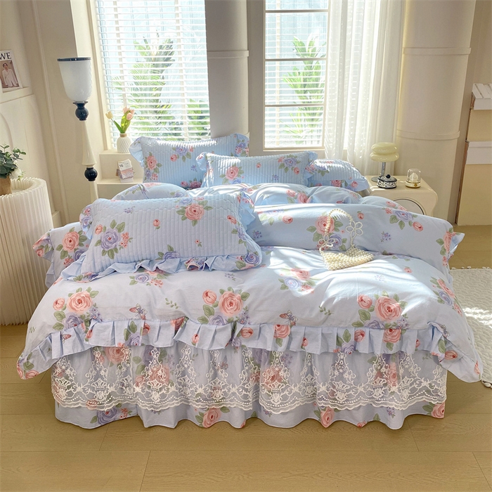 91家纺网 家纺一手货源 找家纺 乐逸家纺 2025新款100%纯棉全棉印花法式风情蕾丝花边床裙床盖款四件套 梦之蝶