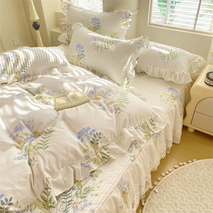 91家纺网 家纺一手货源 找家纺 乐逸家纺 2025新款100%纯棉全棉印花法式风情蕾丝花边床裙床盖款四件套 枫丹白露