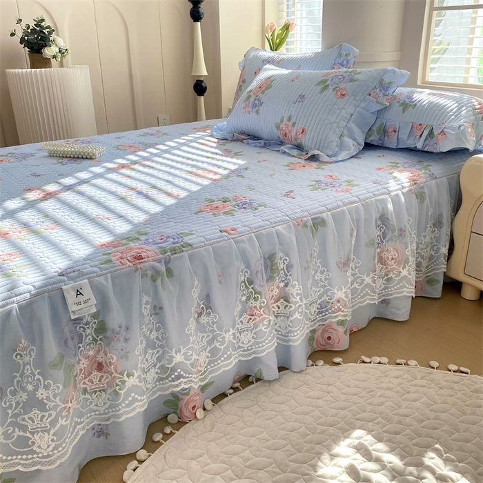 91家纺网 家纺一手货源 找家纺 乐逸家纺 2025新款100%纯棉全棉印花法式风情蕾丝花边床裙床盖款四件套 梦之蝶