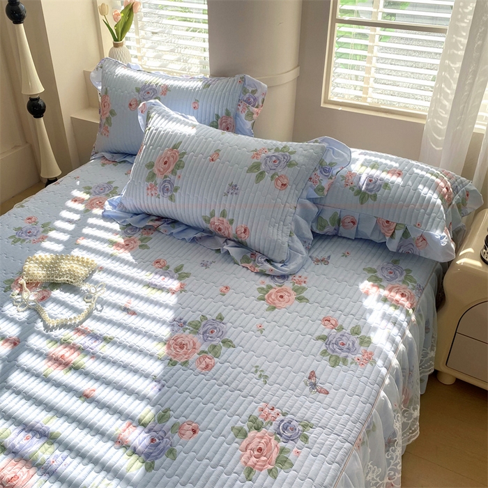 91家纺网 家纺一手货源 找家纺 乐逸家纺 2025新款100%纯棉全棉印花法式风情蕾丝花边床裙床盖款四件套 梦之蝶