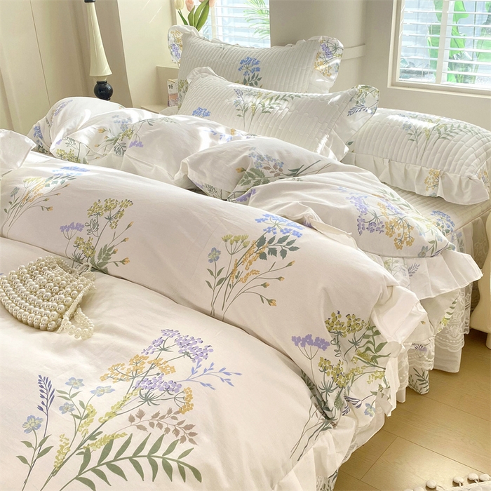 91家纺网 家纺一手货源 找家纺 乐逸家纺 2025新款100%纯棉全棉印花法式风情蕾丝花边床裙床盖款四件套 枫丹白露