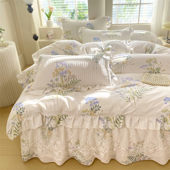 91家纺网 家纺一手货源 找家纺 乐逸家纺 2025新款100%纯棉全棉印花法式风情蕾丝花边床裙床盖款四件套 枫丹白露