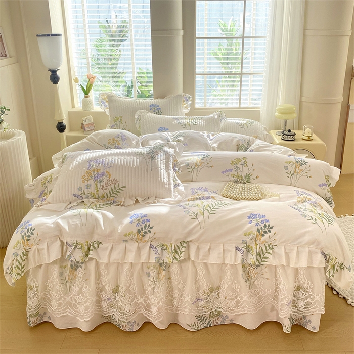 91家纺网 家纺一手货源 找家纺 乐逸家纺 2025新款100%纯棉全棉印花法式风情蕾丝花边床裙床盖款四件套 枫丹白露