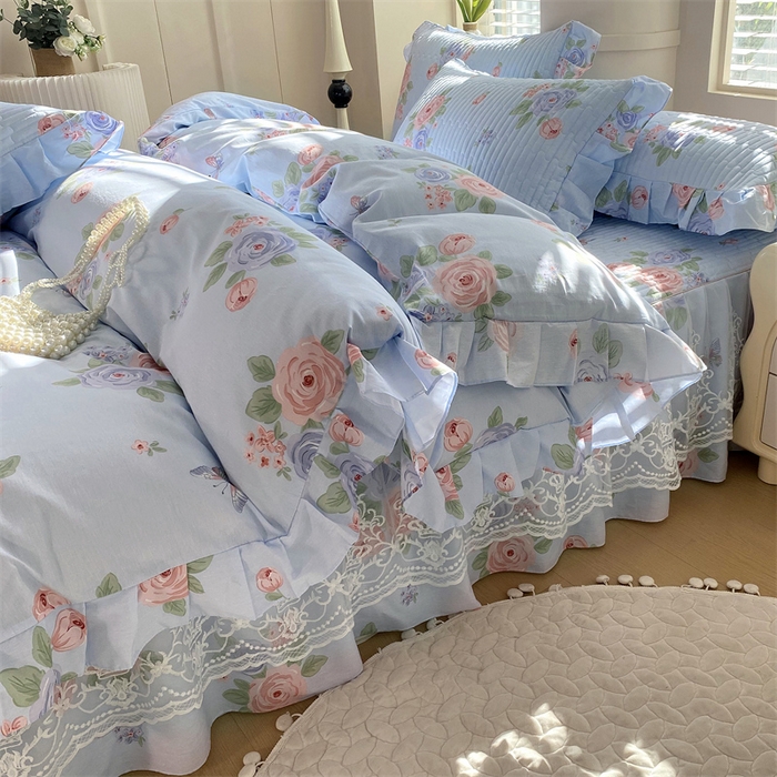 乐逸家纺 2025新款100%纯棉全棉印花法式风情蕾丝花边床裙床盖款四件套 梦之蝶