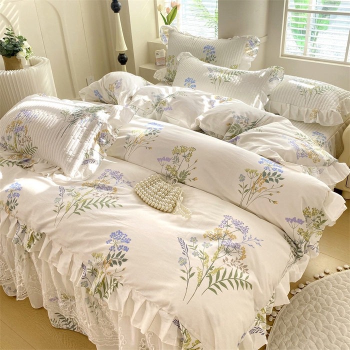 91家纺网 家纺一手货源 找家纺 乐逸家纺 2025新款100%纯棉全棉印花法式风情蕾丝花边床裙床盖款四件套 枫丹白露