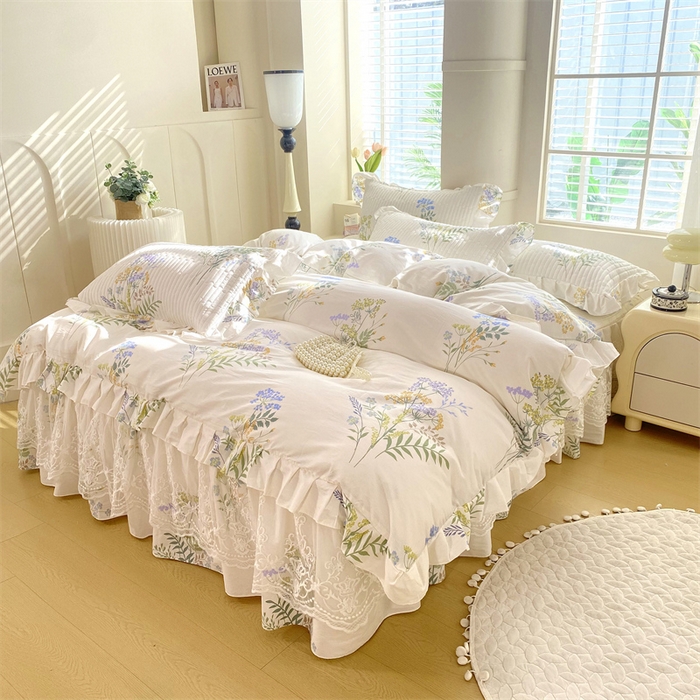 91家纺网 家纺一手货源 找家纺 乐逸家纺 2025新款100%纯棉全棉印花法式风情蕾丝花边床裙床盖款四件套 枫丹白露