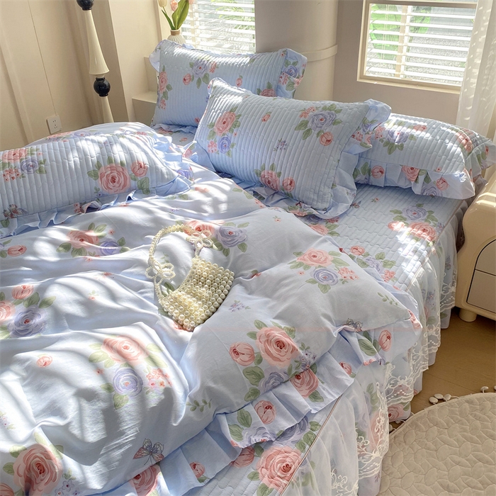 91家纺网 家纺一手货源 找家纺 乐逸家纺 2025新款100%纯棉全棉印花法式风情蕾丝花边床裙床盖款四件套 梦之蝶