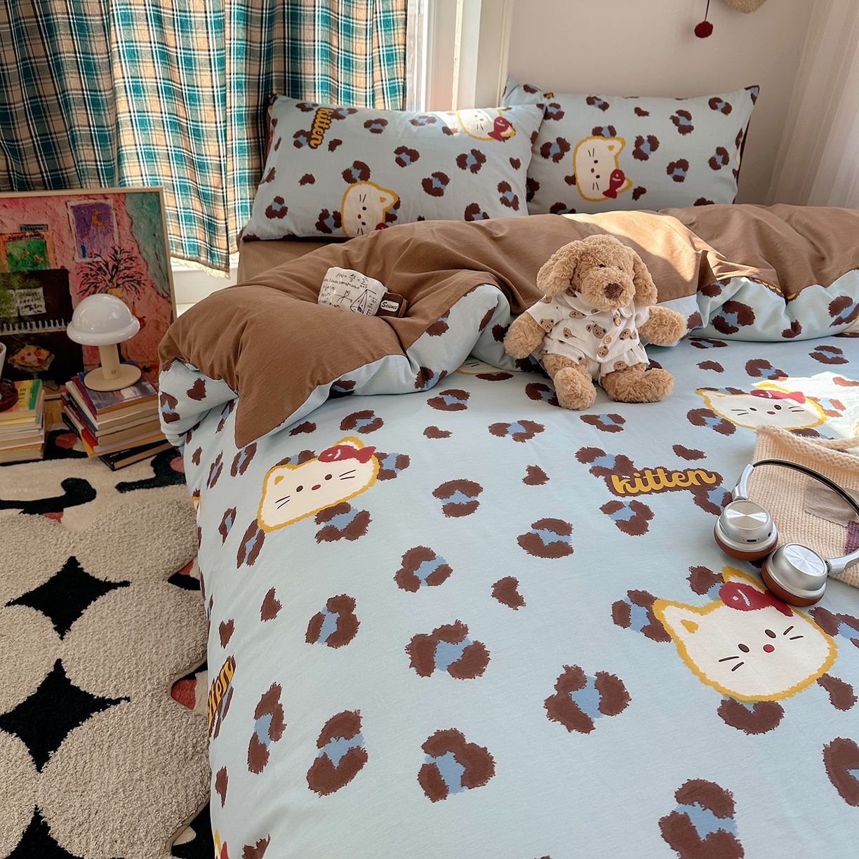 91家纺网 家纺一手货源 找家纺 桃子家居 2026新款ins小清新费尔岛猫咪全棉纯棉印花四件套 棉-喵吃鱼蓝