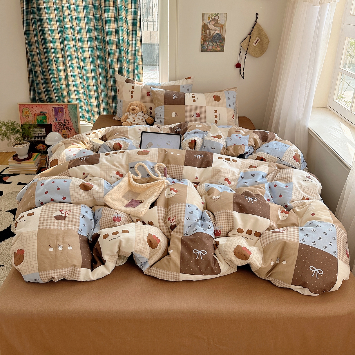 桃子家居 2026新款ins小清新费尔岛猫咪全棉纯棉印花四件套 棉-少女黑皮猫