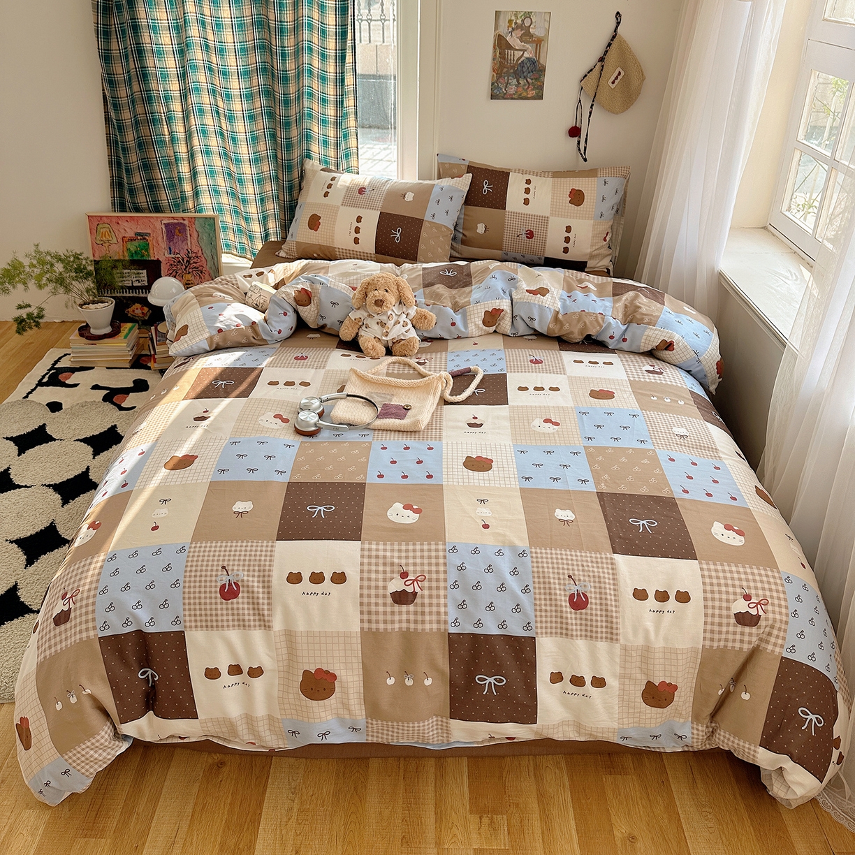 91家纺网 家纺一手货源 找家纺 桃子家居 2026新款ins小清新费尔岛猫咪全棉纯棉印花四件套 棉-少女黑皮猫