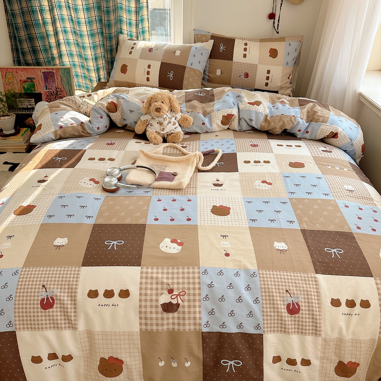 91家纺网 家纺一手货源 找家纺 桃子家居 2026新款ins小清新费尔岛猫咪全棉纯棉印花四件套 棉-少女黑皮猫