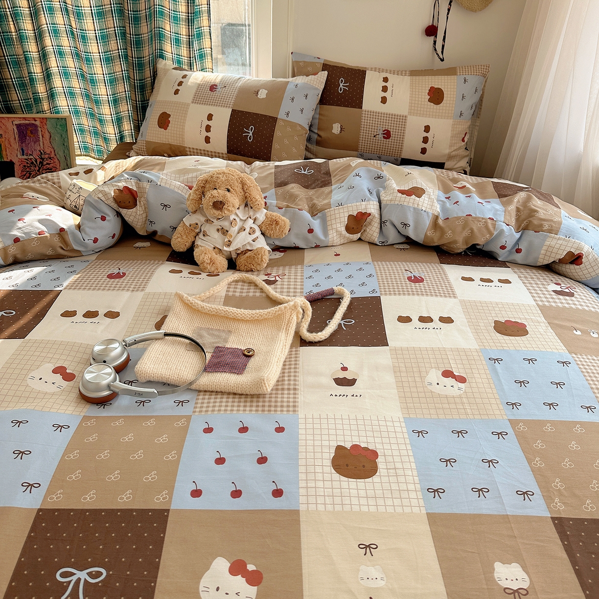 91家纺网 家纺一手货源 找家纺 桃子家居 2026新款ins小清新费尔岛猫咪全棉纯棉印花四件套 棉-少女黑皮猫