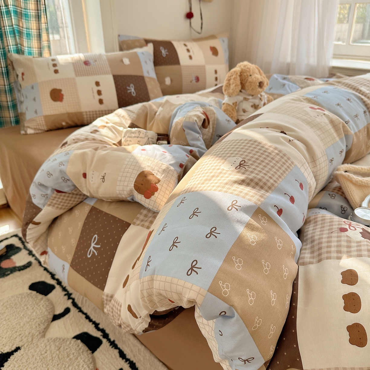 91家纺网 家纺一手货源 找家纺 桃子家居 2026新款ins小清新费尔岛猫咪全棉纯棉印花四件套 棉-少女黑皮猫