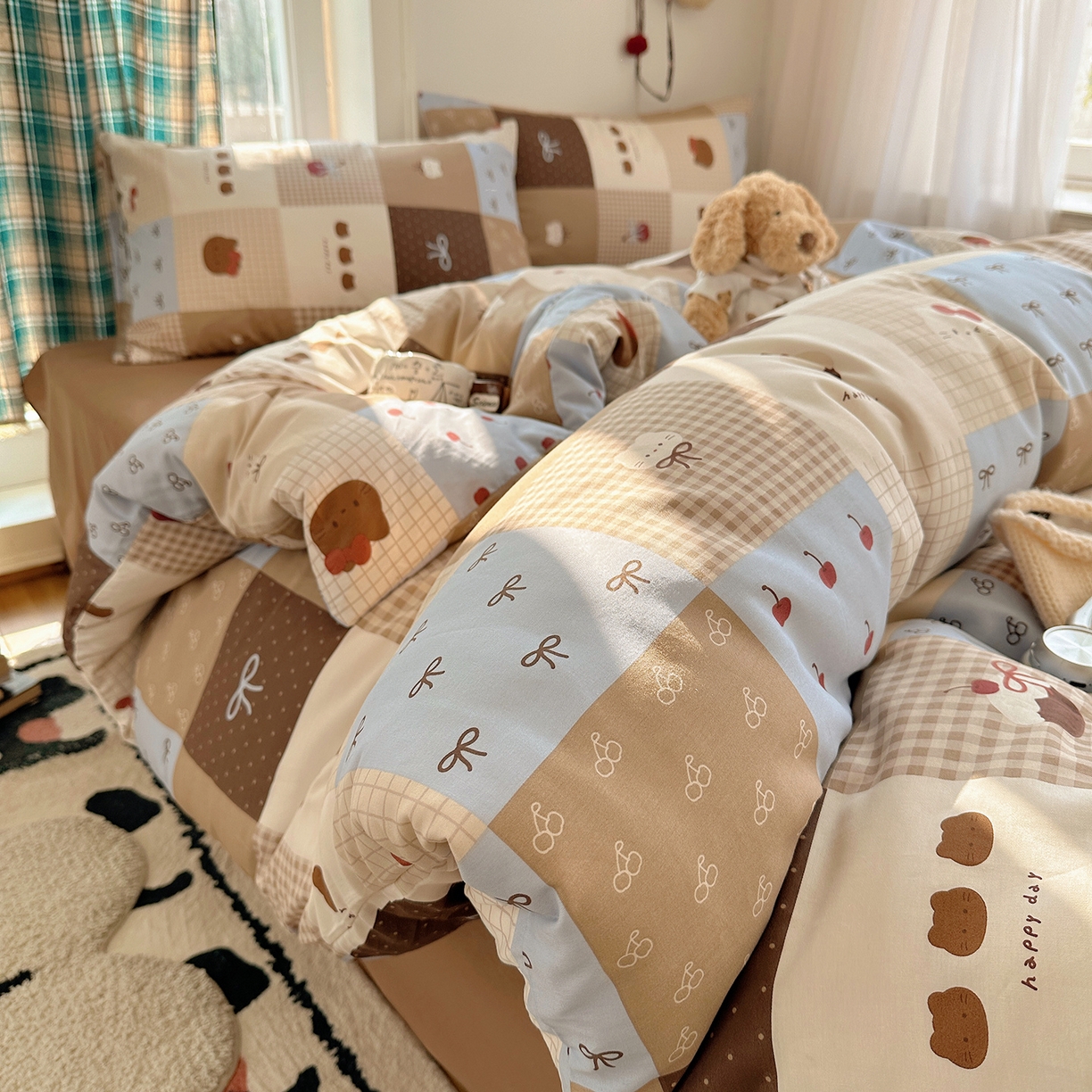 91家纺网 家纺一手货源 找家纺 桃子家居 2026新款ins小清新费尔岛猫咪全棉纯棉印花四件套 棉-少女黑皮猫