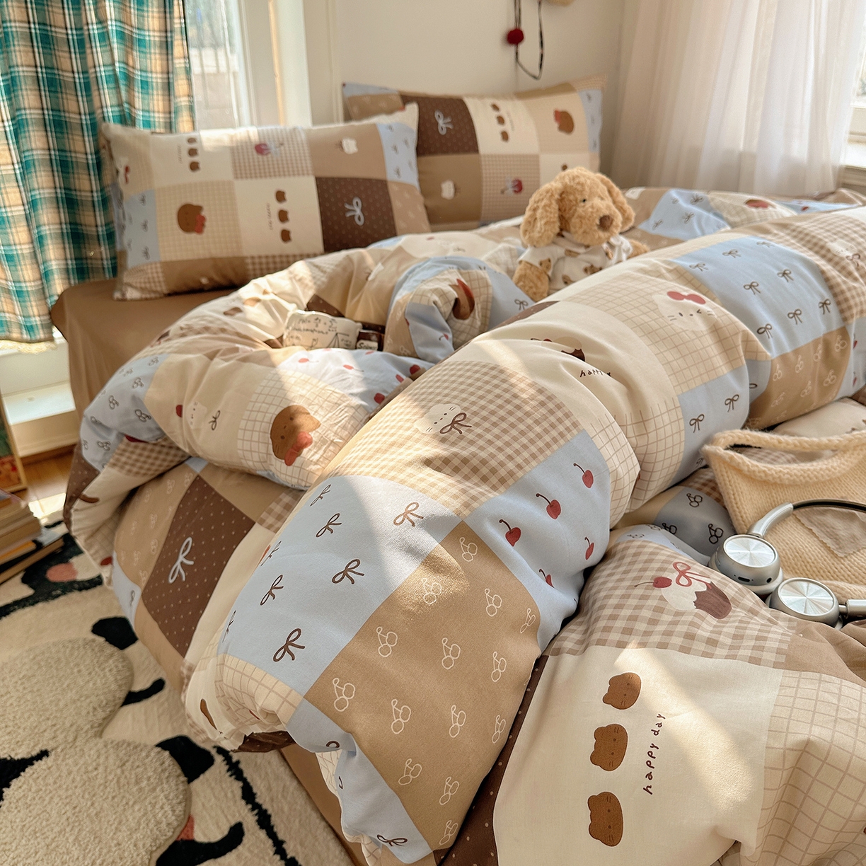 91家纺网 家纺一手货源 找家纺 桃子家居 2026新款ins小清新费尔岛猫咪全棉纯棉印花四件套 棉-少女黑皮猫