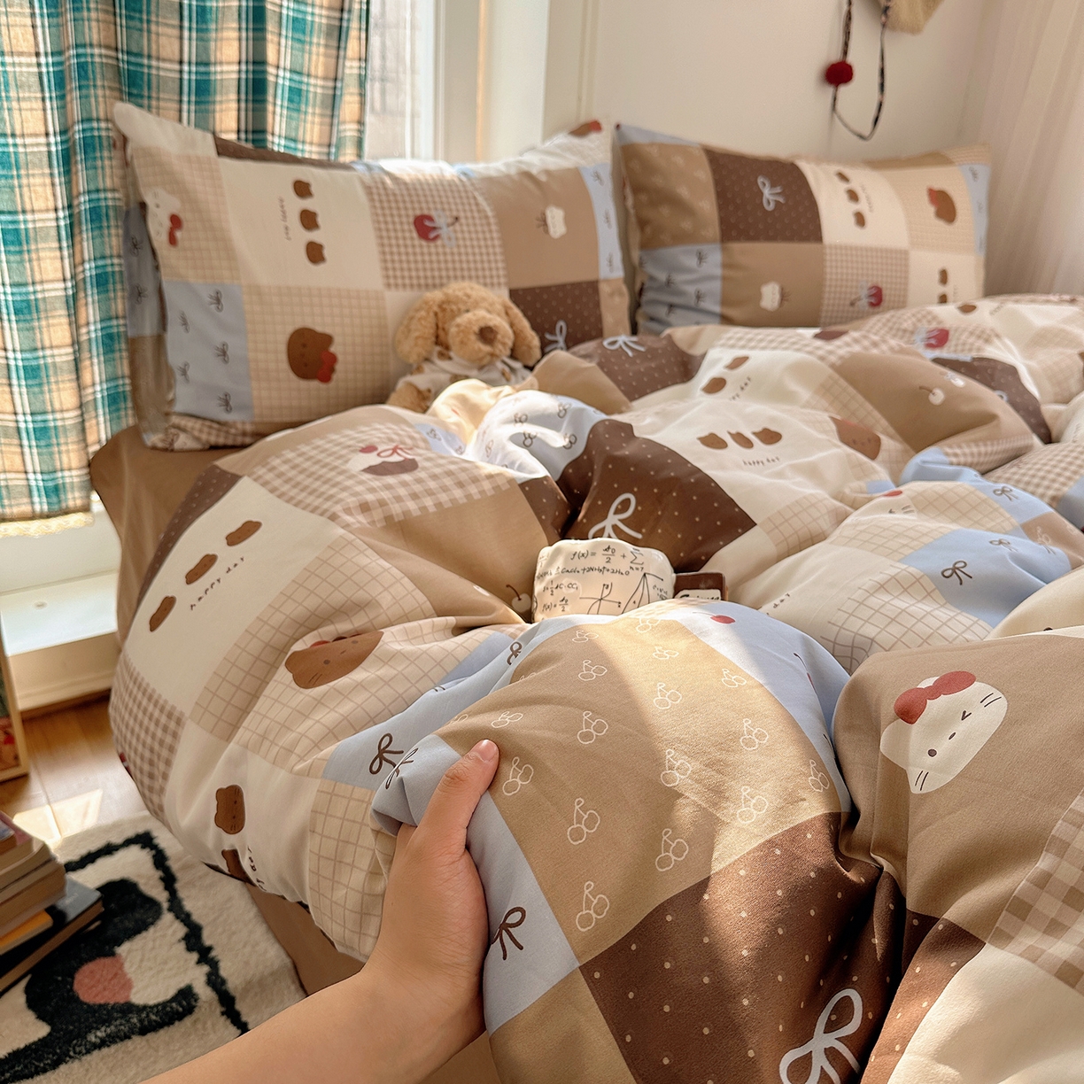 91家纺网 家纺一手货源 找家纺 桃子家居 2026新款ins小清新费尔岛猫咪全棉纯棉印花四件套 棉-少女黑皮猫