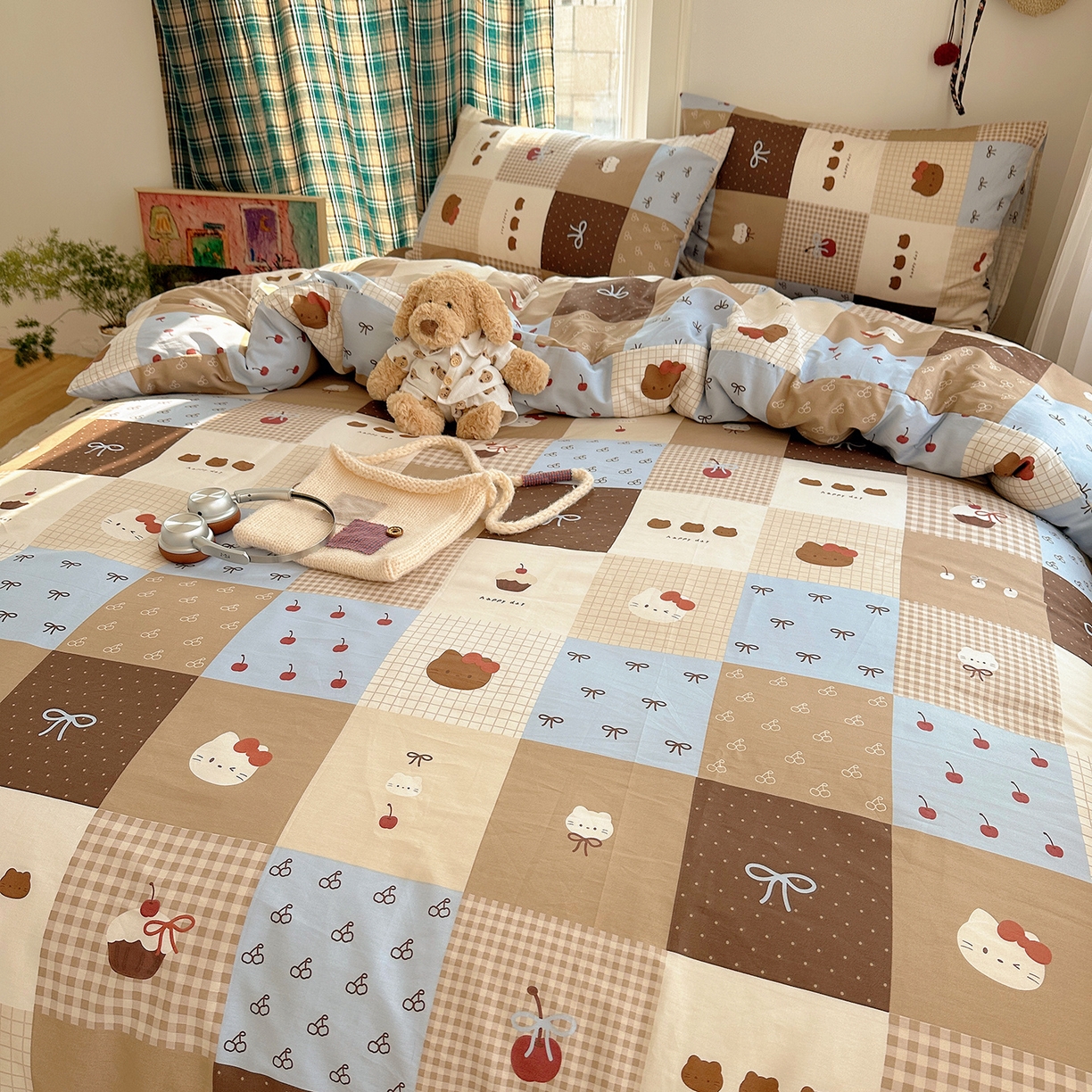 91家纺网 家纺一手货源 找家纺 桃子家居 2026新款ins小清新费尔岛猫咪全棉纯棉印花四件套 棉-少女黑皮猫